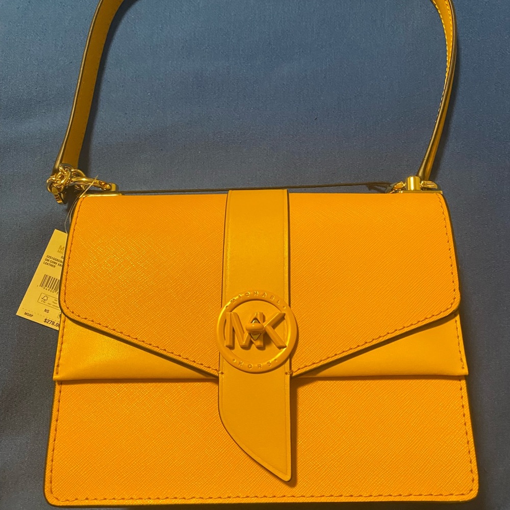 MICHAEL KORS GREENWICH SUN LEATHER SMALL CONVERTIBLE CROSSBODY BAG GOLD CHAIN